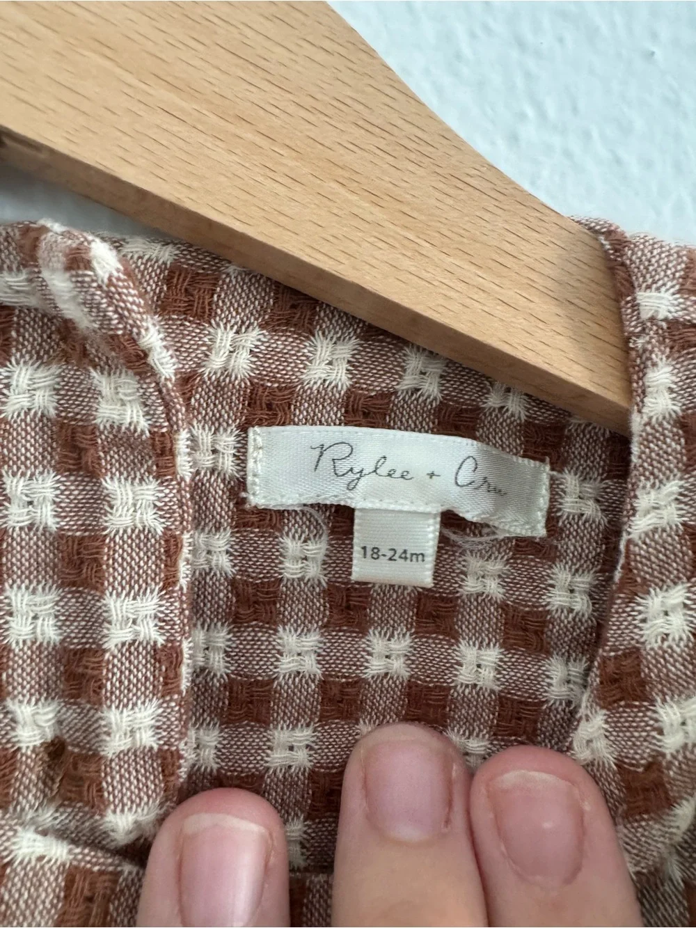 Rylee & Cru Gingham Ruffle Baby Romper in Brown and Cream